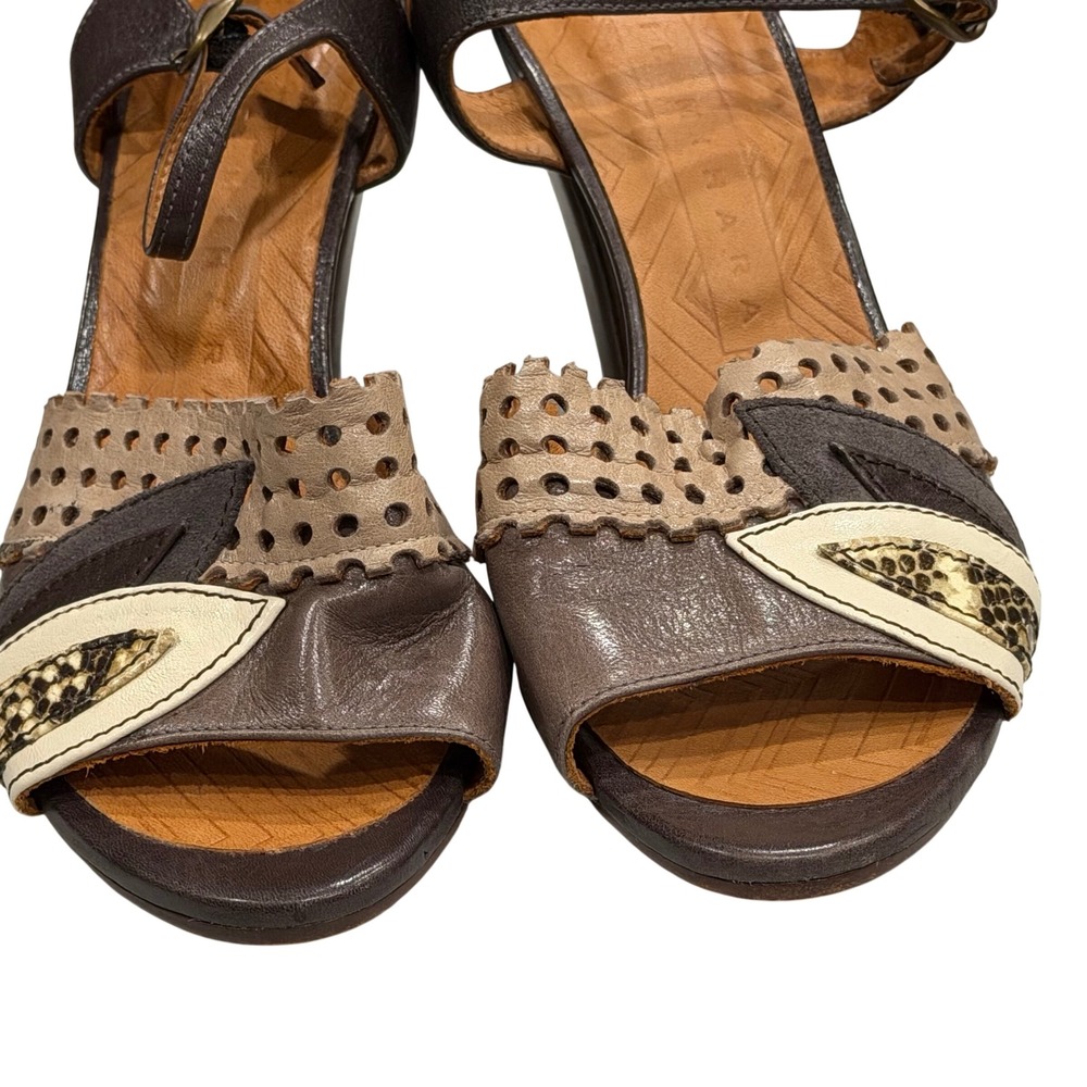 Chie Mihara Vulcano Heel Strap Sandal Womens 8.5 Brown Taupe Perforated Leather - Picture 5 of 16
